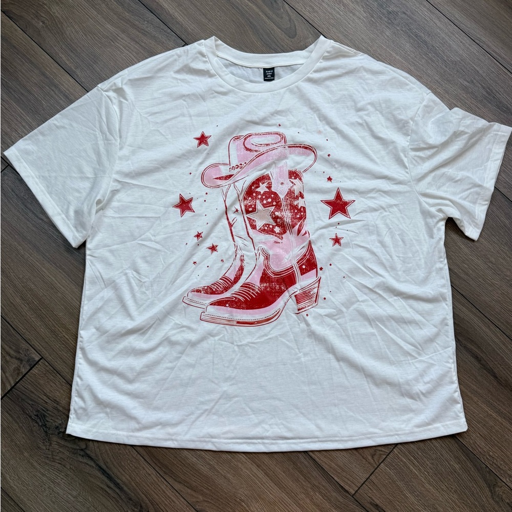 SHEIN White Tee with Red Cowboy Print